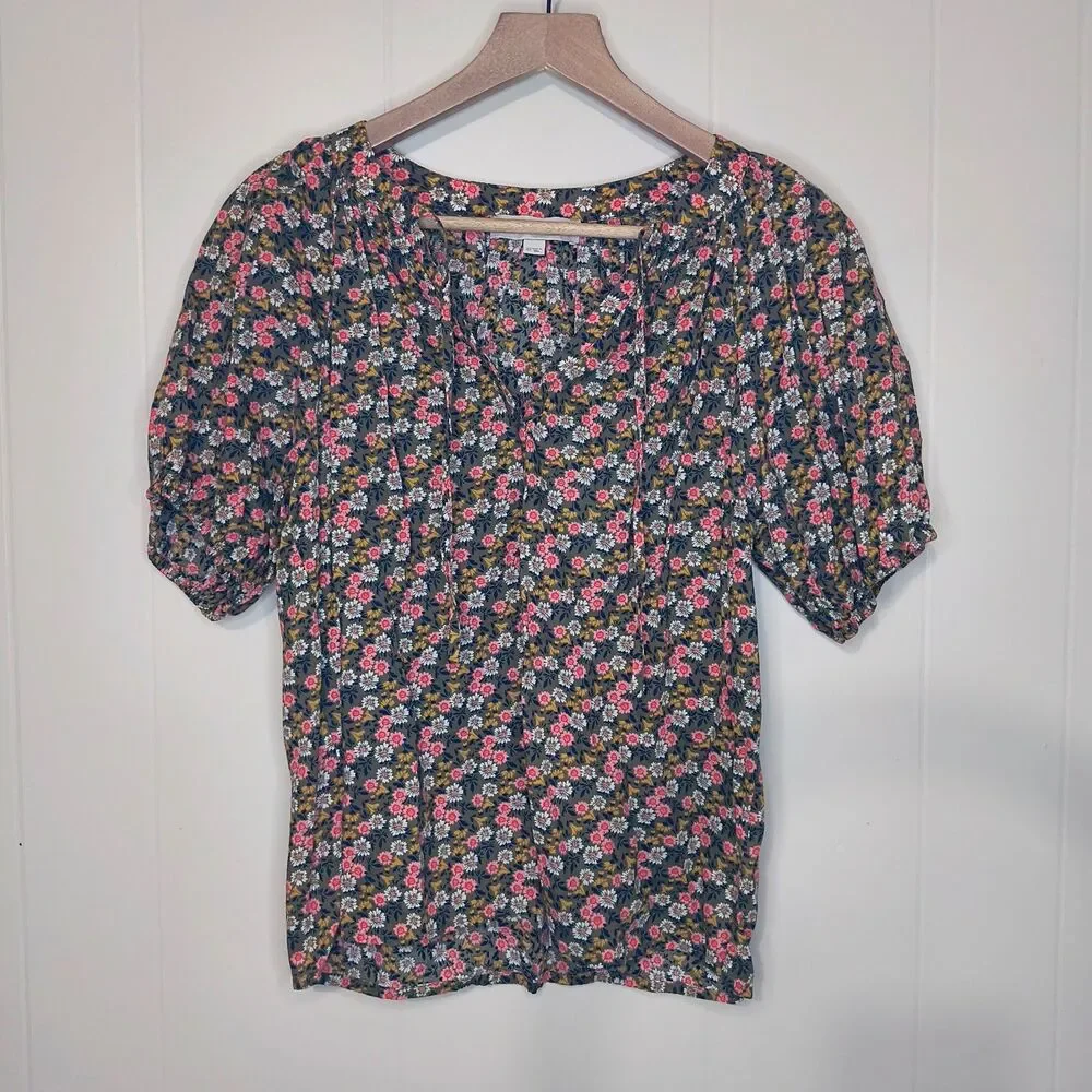 LOFT Green Floral Puff Sleeve Top 100% Cotton